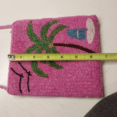 Ermo Collection Beaded Pink Purse Bag Palm Tree Design Lined Vintage China