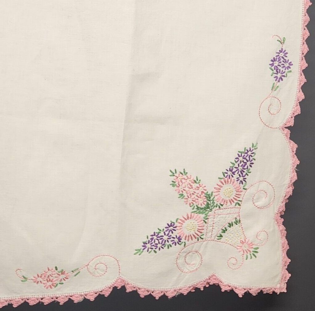 White And Pink Hand Embroidered Linen Tablerunner Vintage With Lace Trim