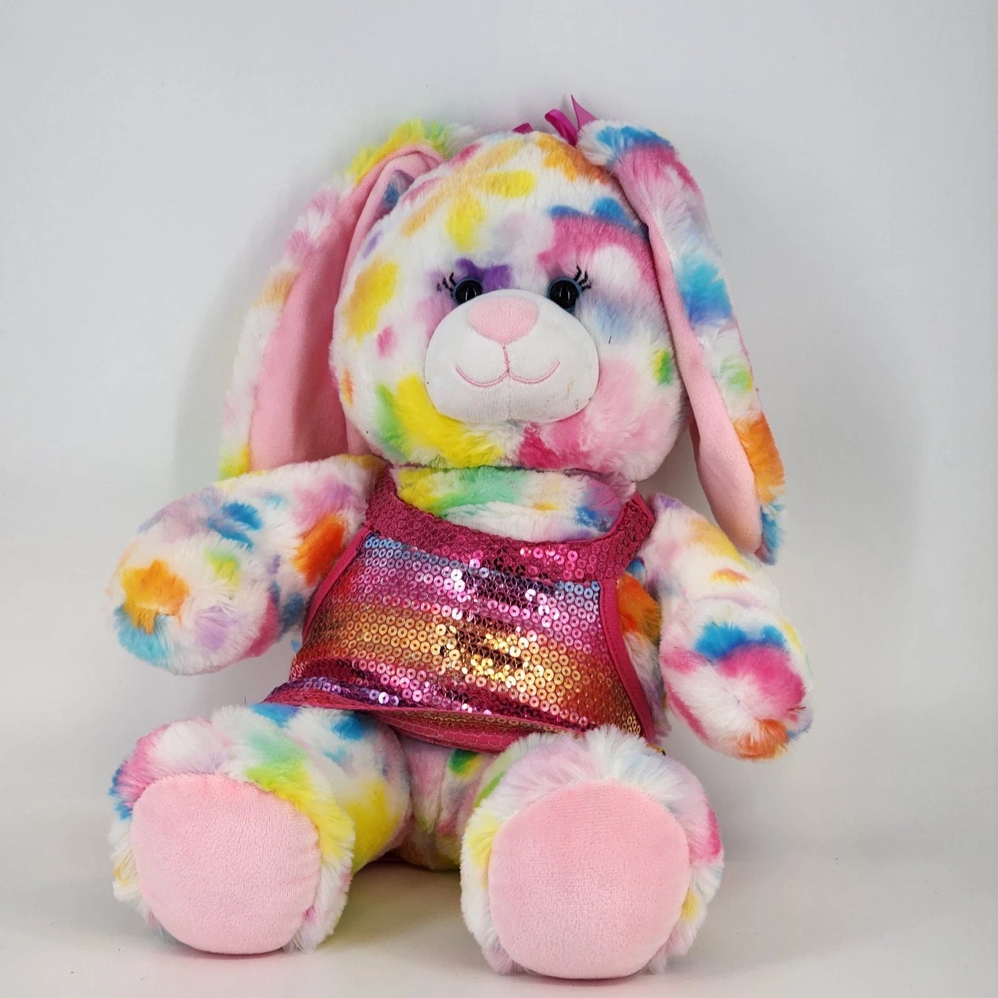Build A Bear Tie Dye White Pastel Spotted Bunny Rabbit Plush 16" Pink Dress
