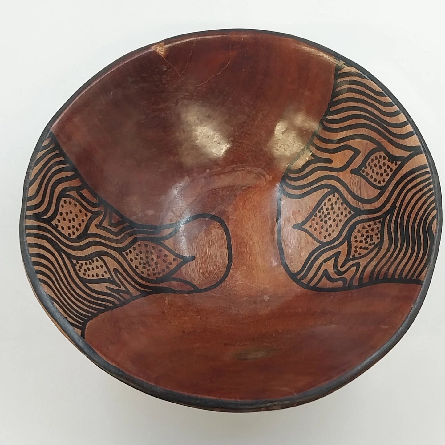 Zimbabwe Hand Carved Olive Wood Bowl 7" African Batik Animal Print Varnished Vtg