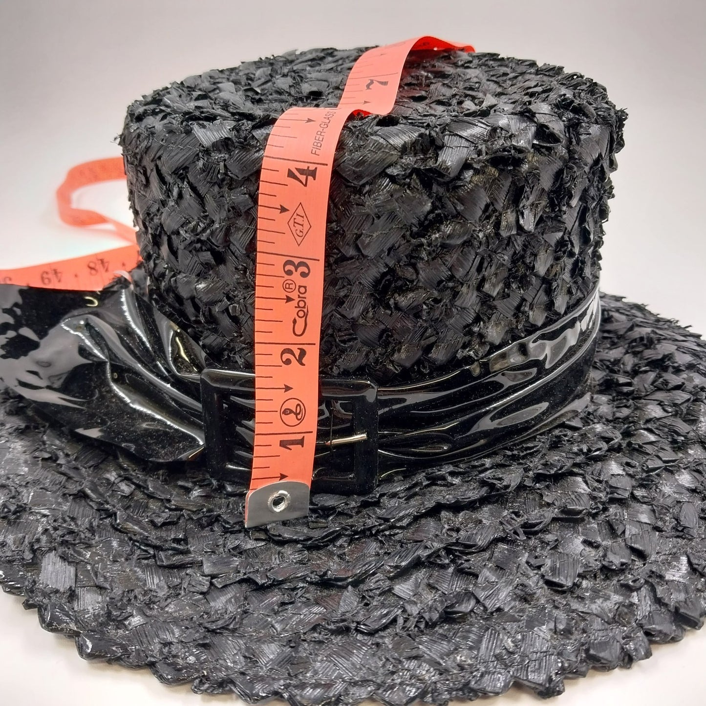 Mr. Lewis Black Raffia Woven Straw Hat Tall Crown Wide Brim Ribbon Bow w/ Buckle