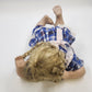 Porcelain Girl Doll Blonde Braids Glasses Blue Plaid Dress 14" Reclining Pose