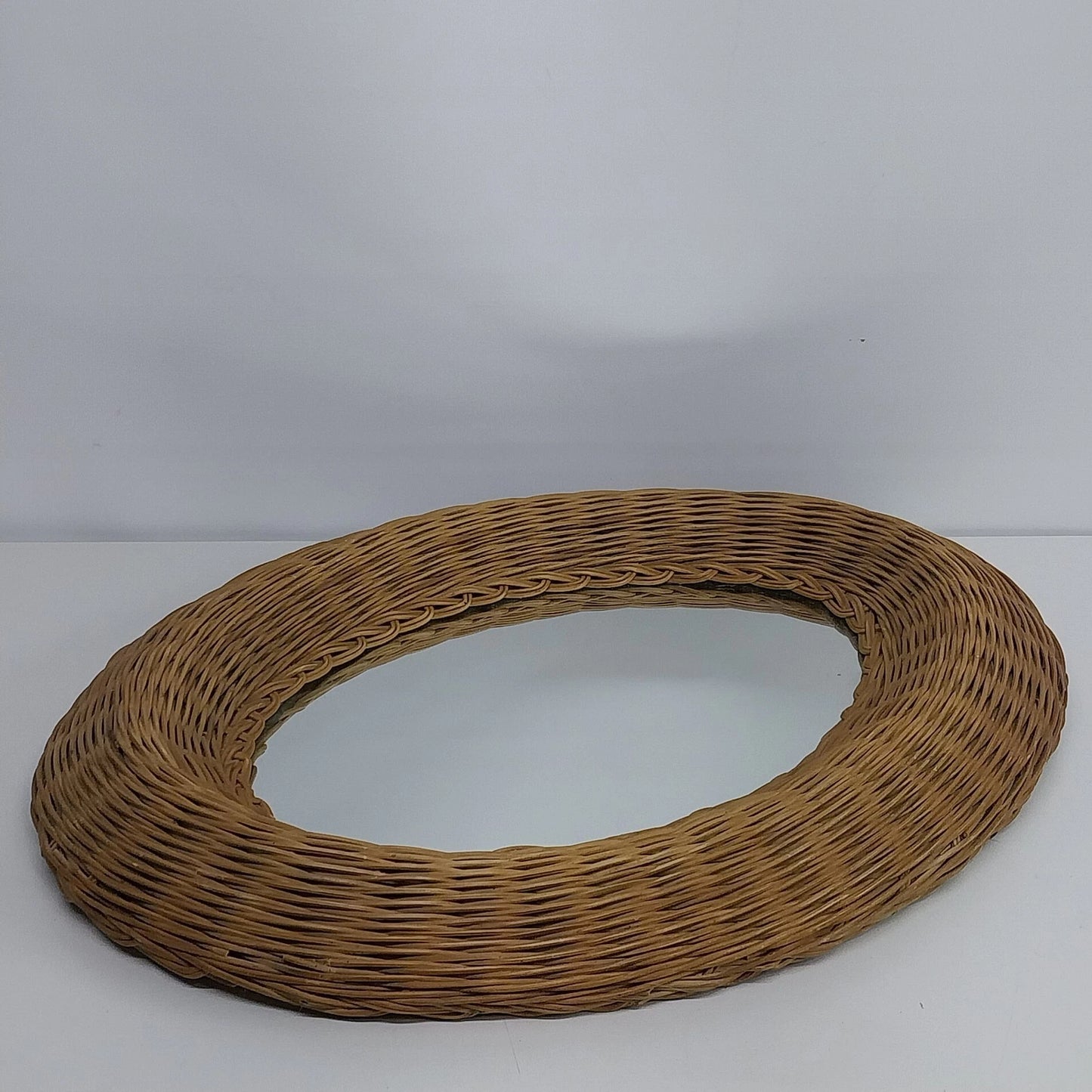 Vintage Wicker Rattan Oval Wall Mirror Boho Coastal Decor 26x21