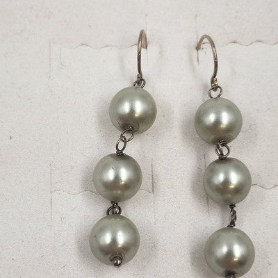 Sterling Silver 925 Triple White Gold Faux Pearl Dangle Drop Earrings 2"