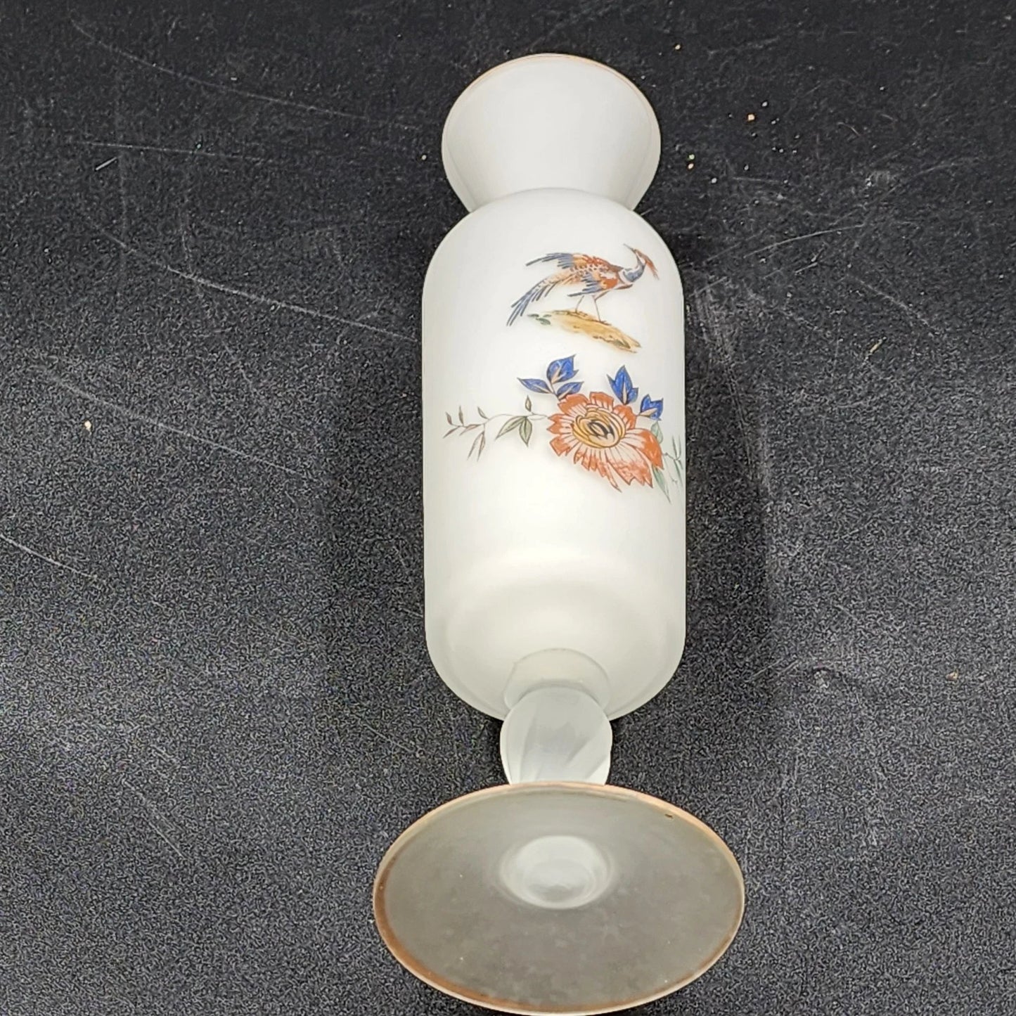 Norleans Vase 10" Hand Painted Bird & Floral Frosted Satin Art Glass w Gold Trim