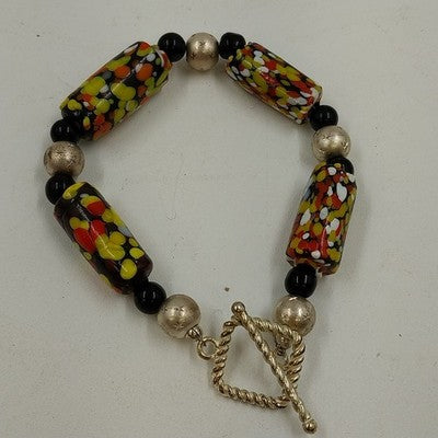Black & Multicolor Bracelet Art Glass Beaded with Gold Tone Knotted Jewelry 7"
