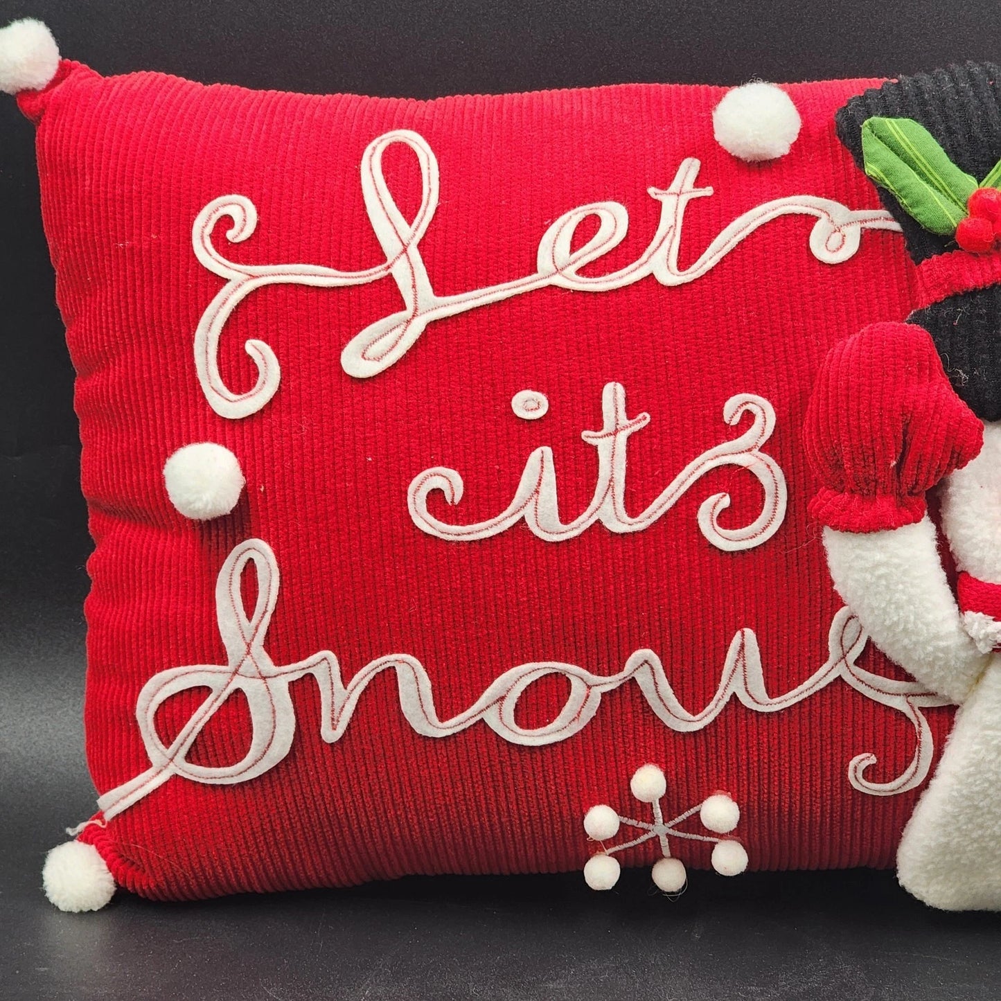 Snowman Accent Throw Pillow LET IT SNOW Tapestry Corduroy 18"x12" Christmas