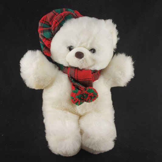 White Bear Plush 13" Red Green Plaid Hat & Scarf Stuffed Animal Button Eyes Nose