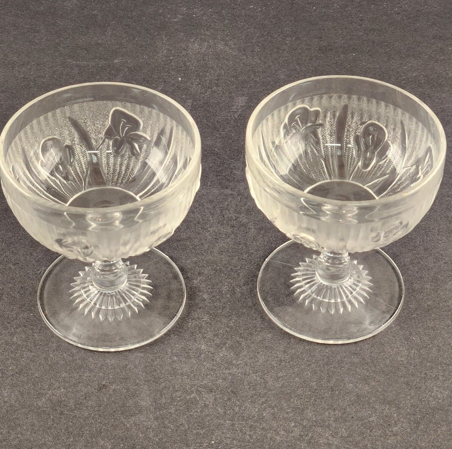 2 Jeanette Glass Iris & Herringbone Clear Stemmed Sherbet or Dessert Bowls