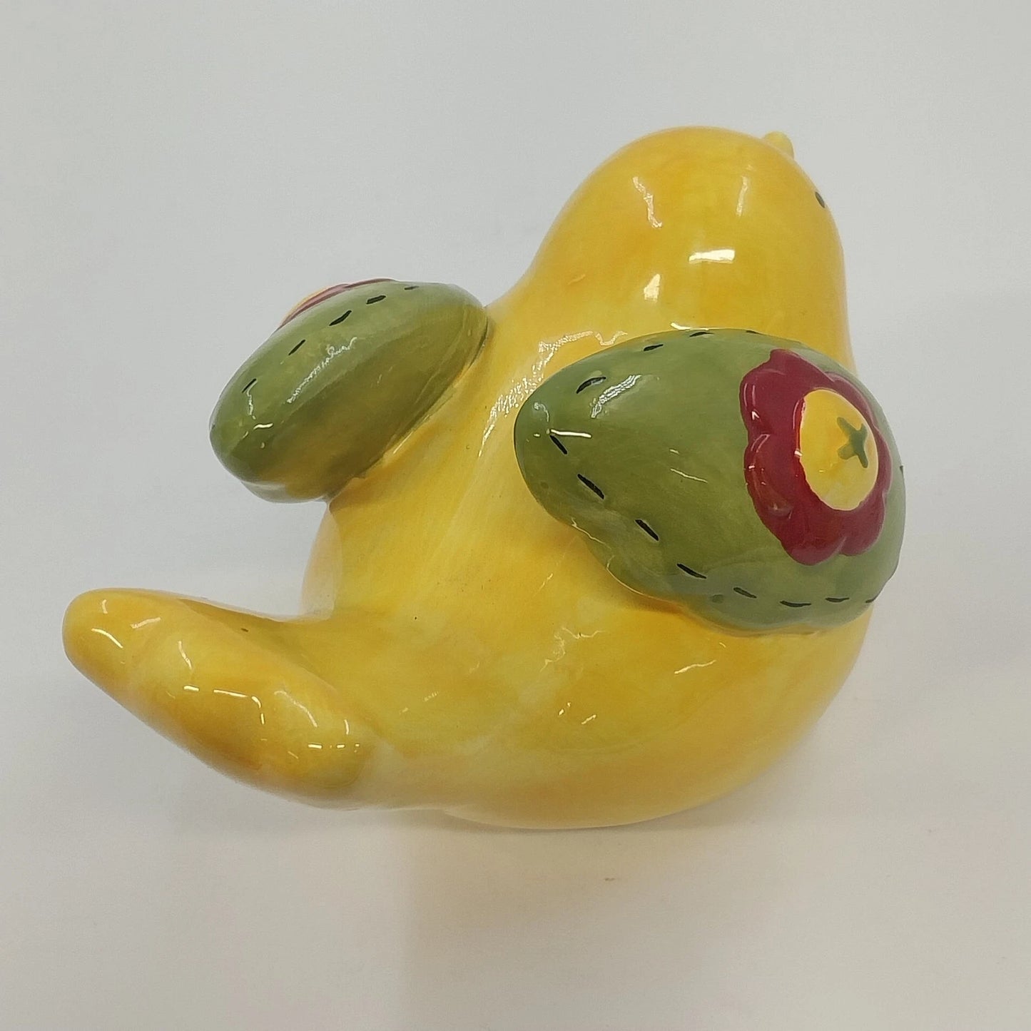 Whimsical Yellow Ceramic Bird Figurine Floral Folk Art Home Decor 7" Farmhouse