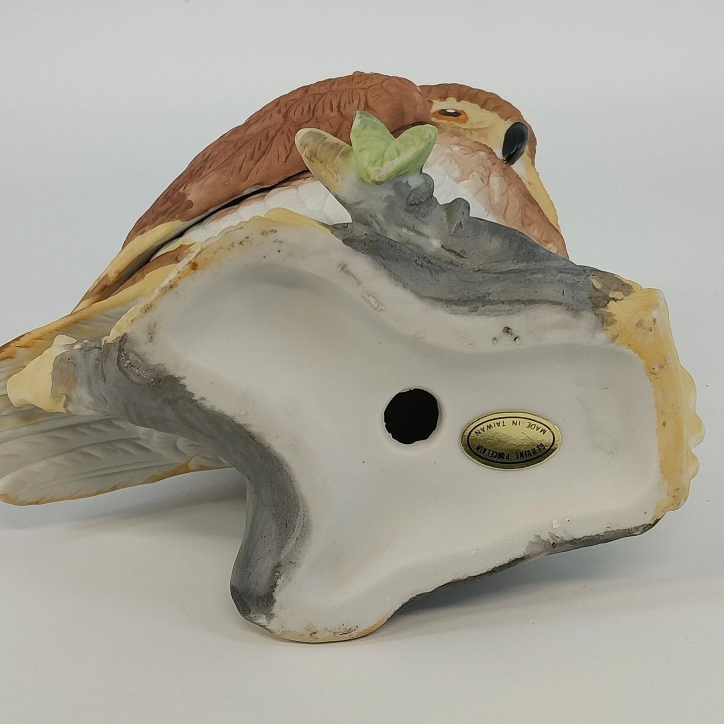 Horned Owl Porcelain Figurine on Log with Holly Red Berries Wildlife Decor 6.5"