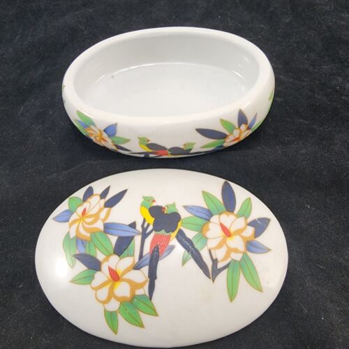 Carpentier Argentan Porcelain Oval Jewelry Box Birds & Flowers