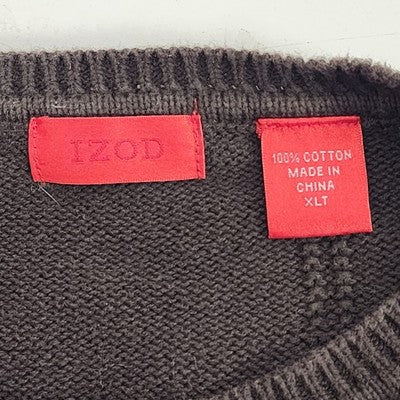IZOD Sweater Brown Pullover Men's XLT Crewneck Cotton Long Sleeve Square Design