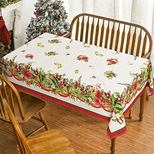 Holly and Berries Fabric Tablecloth Christmas Holiday 58 X 84 Red Green