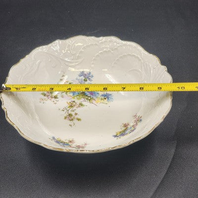 White Serving Vegetable Bowl w Blue Flower Floral Gold Scalloped Edge Embossed