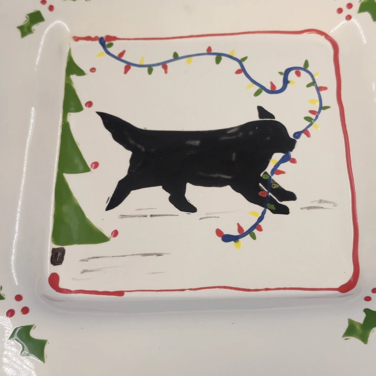 Prairie Dog Pottery Black Newfoundland Christmas Lights Square Plate 9.25" Holly