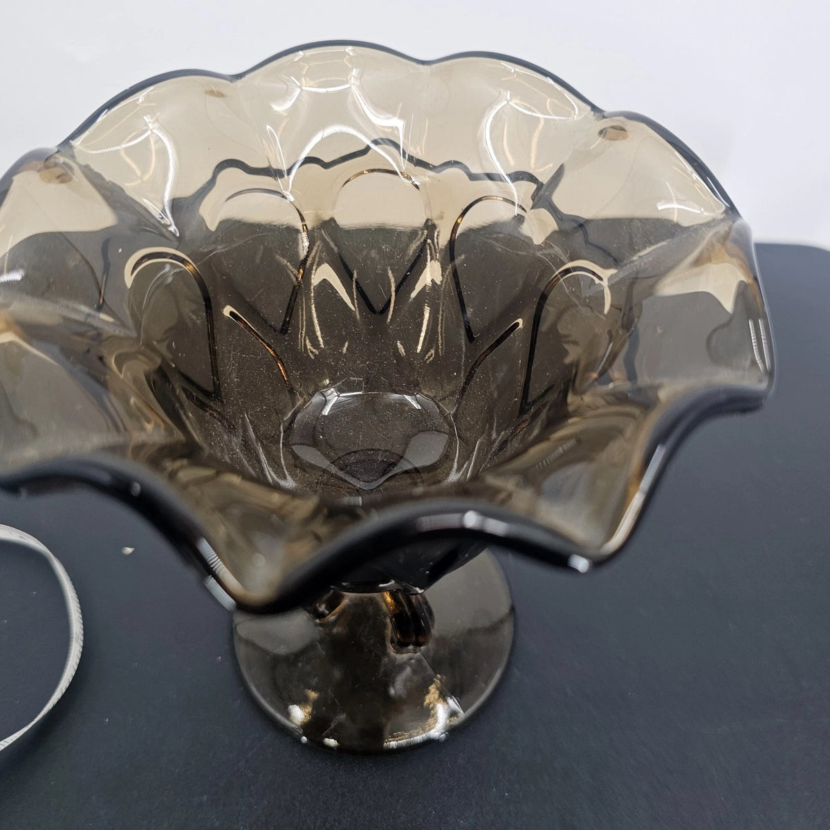 Westmoreland Smokey Brown Glass Footed Compote Scalloped Rim Pedestal Dish 5"