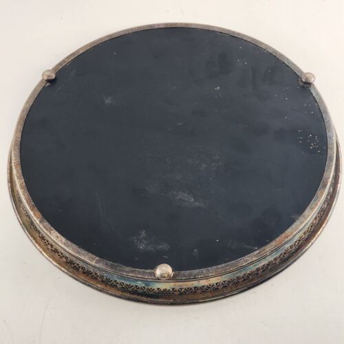 Reticulated Round Cocktail Serving Tray Black Formica Silver Plated 10.5" Vtg