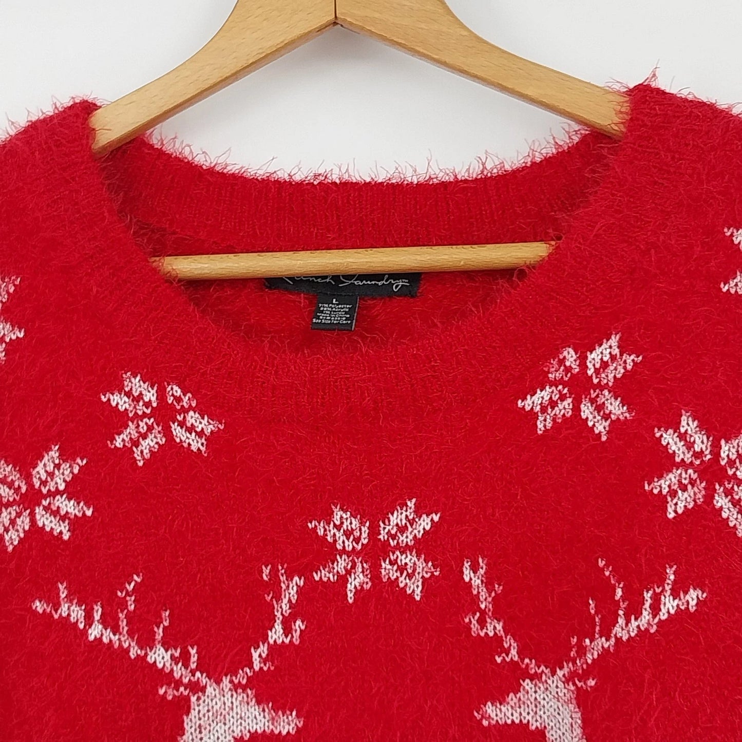 French Laundry Christmas Sweater Large Red Silver Fuzzy Deer Snowflake Slits Vtg