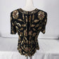 Steney Silk Top Gold Sequin Floral Leaf Short Sleeve Zipper Closure Sz L AS IS