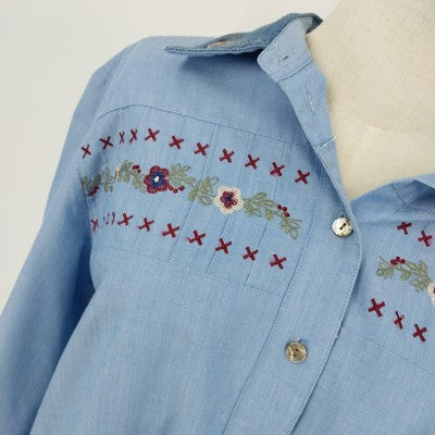 Tan Jay Women’s Blue Floral Embroidered Blouse Sz 16 Cotton Long Sleeve Top