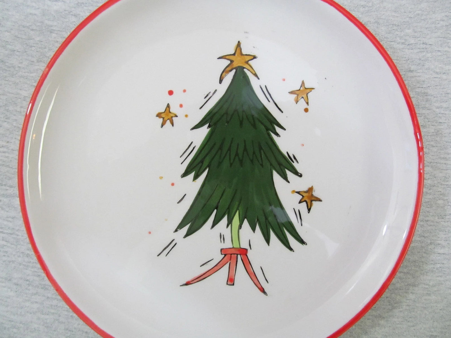 Set of 4 International Silver Co Christmas Tree Dessert Plates 8" Red Trim NIB