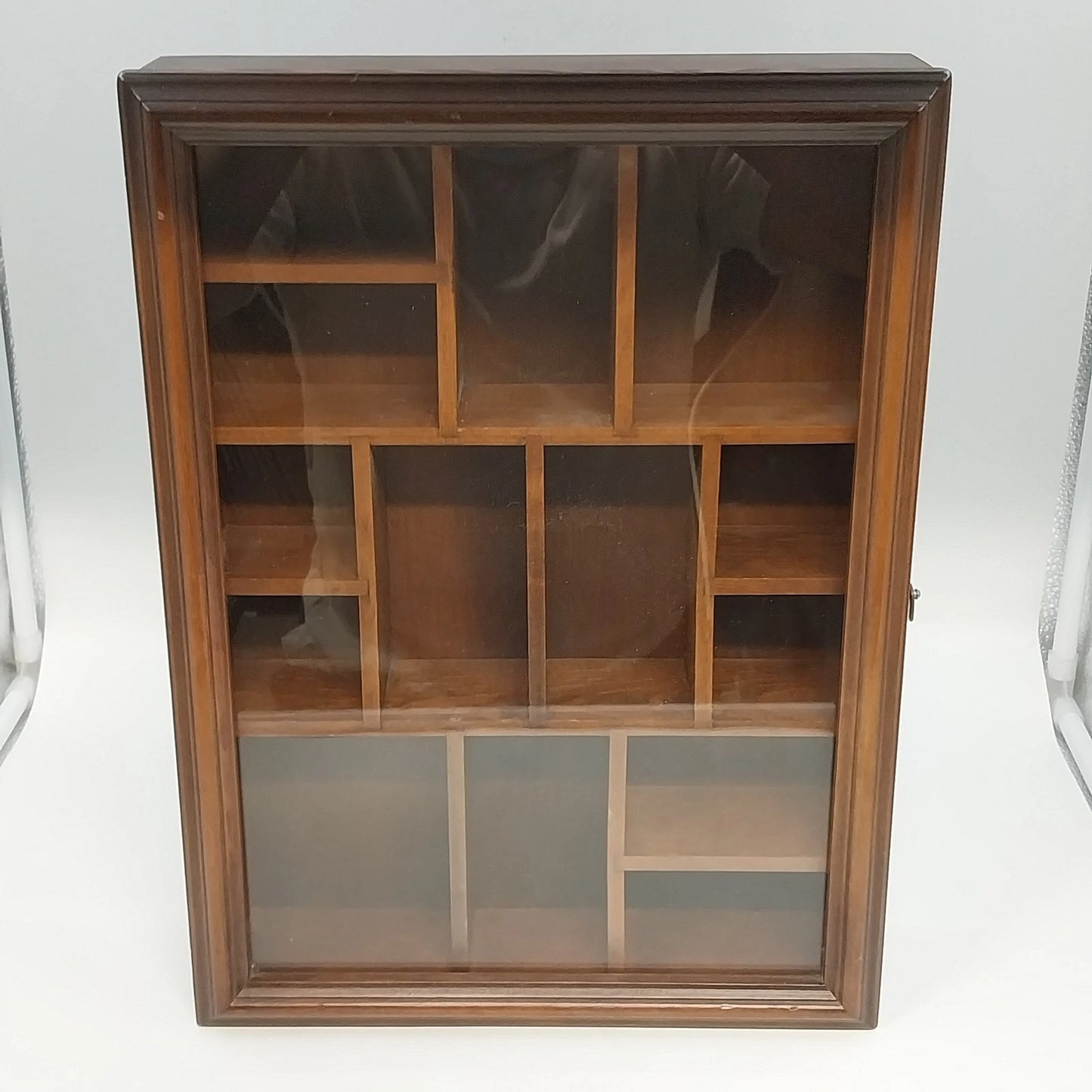 Wood Shadow Box Display Case Glass Door 14 Cubbies Wall Mount 16" Vintage
