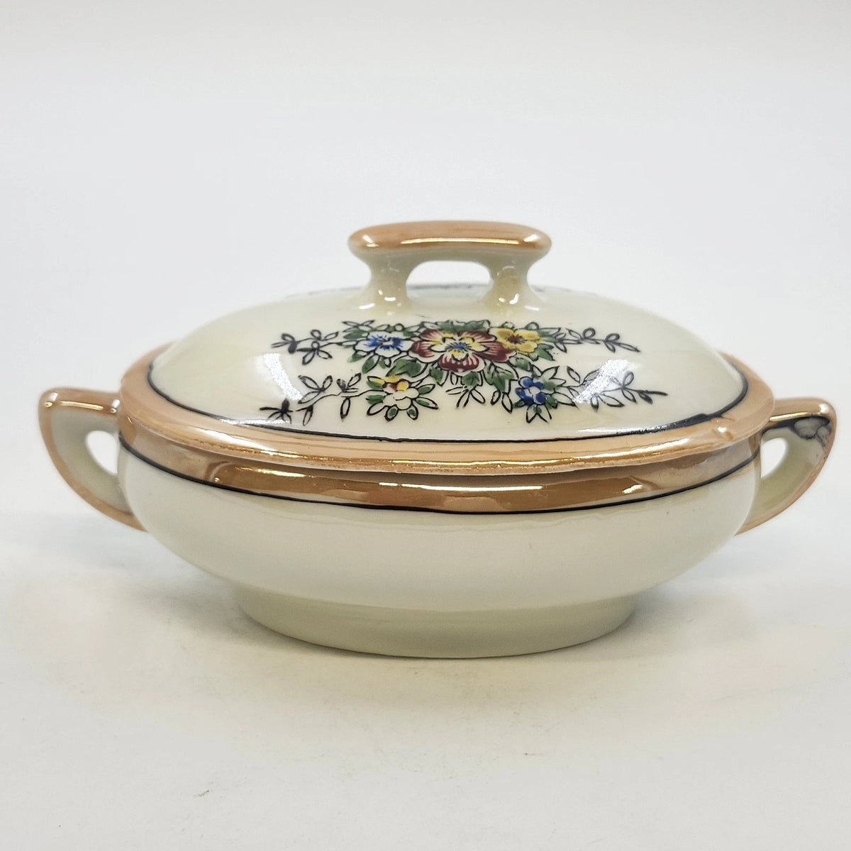 Japan Porcelain Covered Vegetable Bowl Hand Painted Floral Orange Luster 5.25"