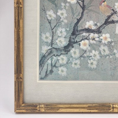 Birds Cherry Blossoms Chinese Silk Print Bamboo Framed Matted 13" x 17"