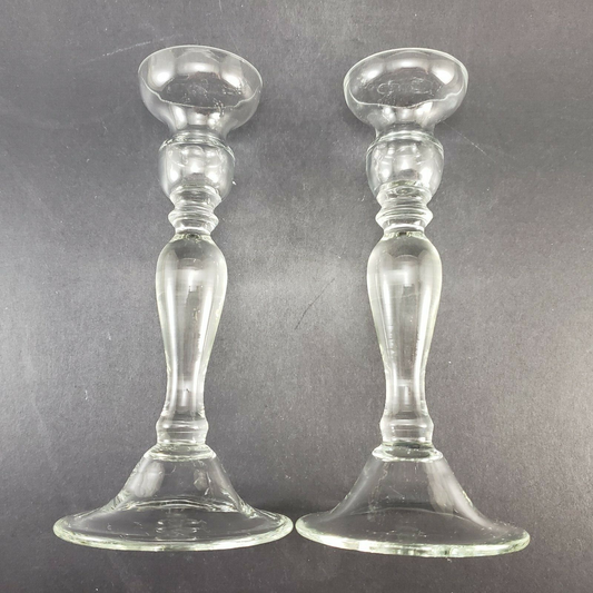 Pair of Crystal Clear Glass Candlesticks Candle Holders Vintage Wide Base 9" H