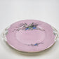 Pink Porcelain Cake Plate Birds Nest Blue Flowers Gold Handles 10.5" Antique