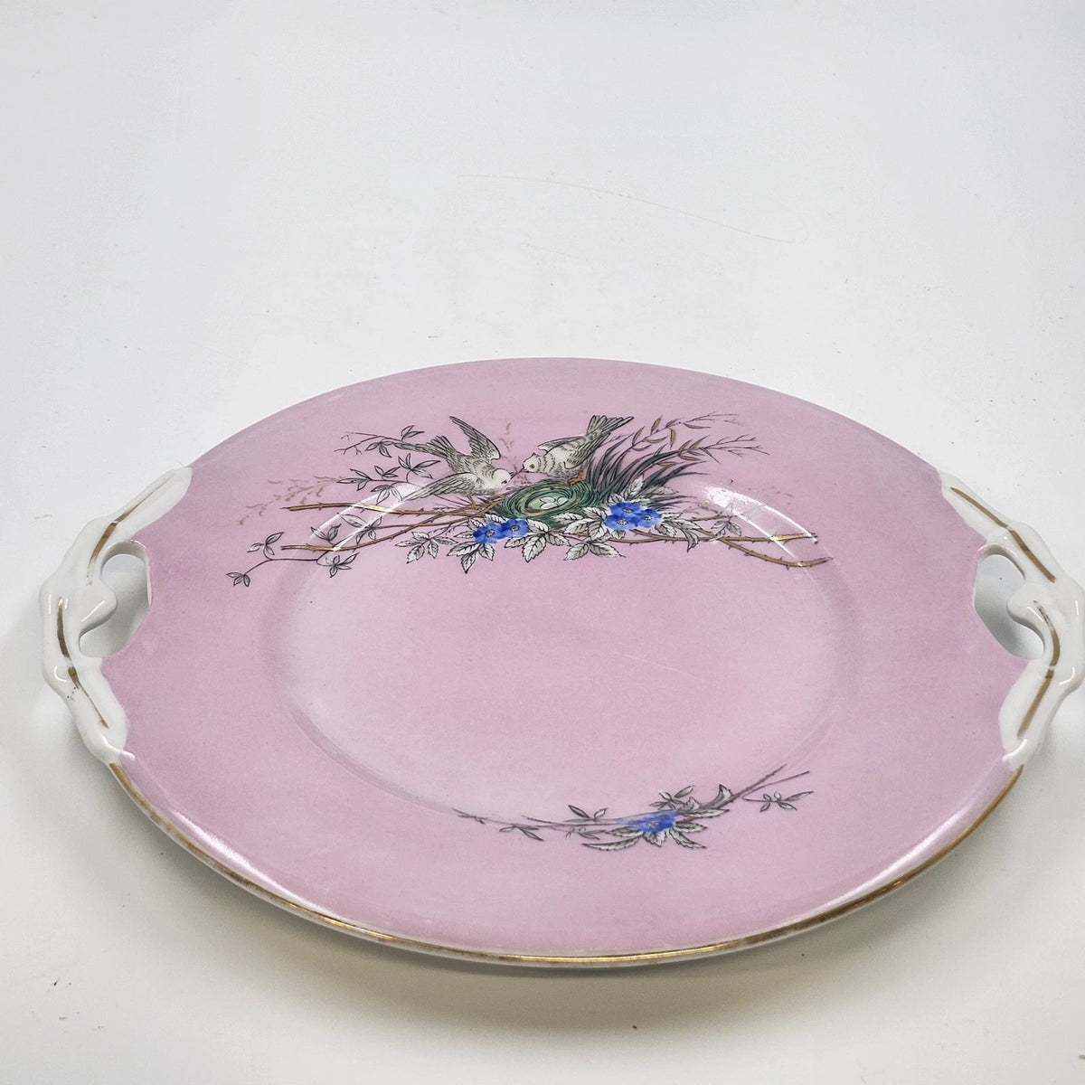 Pink Porcelain Cake Plate Birds Nest Blue Flowers Gold Handles 10.5" Antique