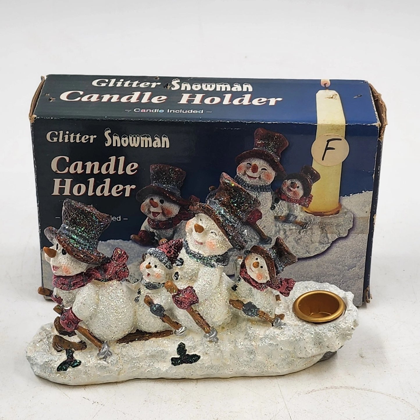 Giftco Glitter Snowmen Skiing Candle Holder Resin Original Box No Taper Candle