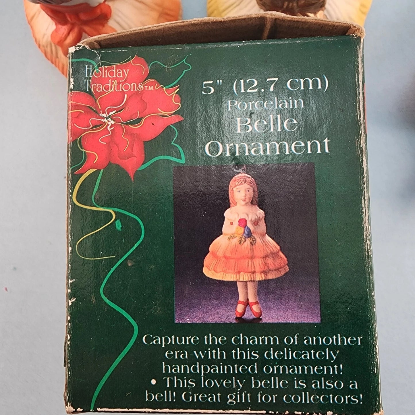 3 Young Girl Christmas Ornaments Porcelain Bell Hanging Leg Chimes w Box Vintage