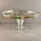 Hand Blown Clear Art Glass Pedestal Cake Plate Red Green Swirls 12.5" d x 5.5" h