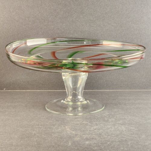 Hand Blown Clear Art Glass Pedestal Cake Plate Red Green Swirls 12.5" d x 5.5" h