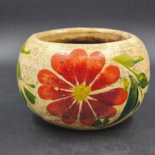 Mexican Clay Pot Terracotta Planter Art Pottery Floral Hand Painted Vintage 4"h