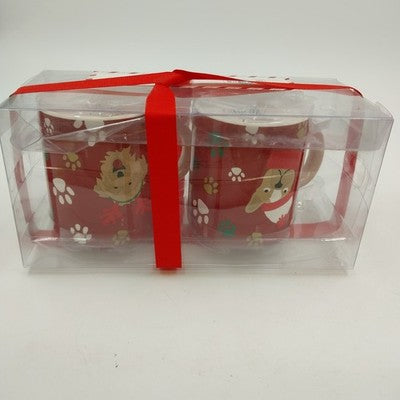 2 Christmas Coffee Mugs North Pole Trading Co Red Dog & Footprint w Box