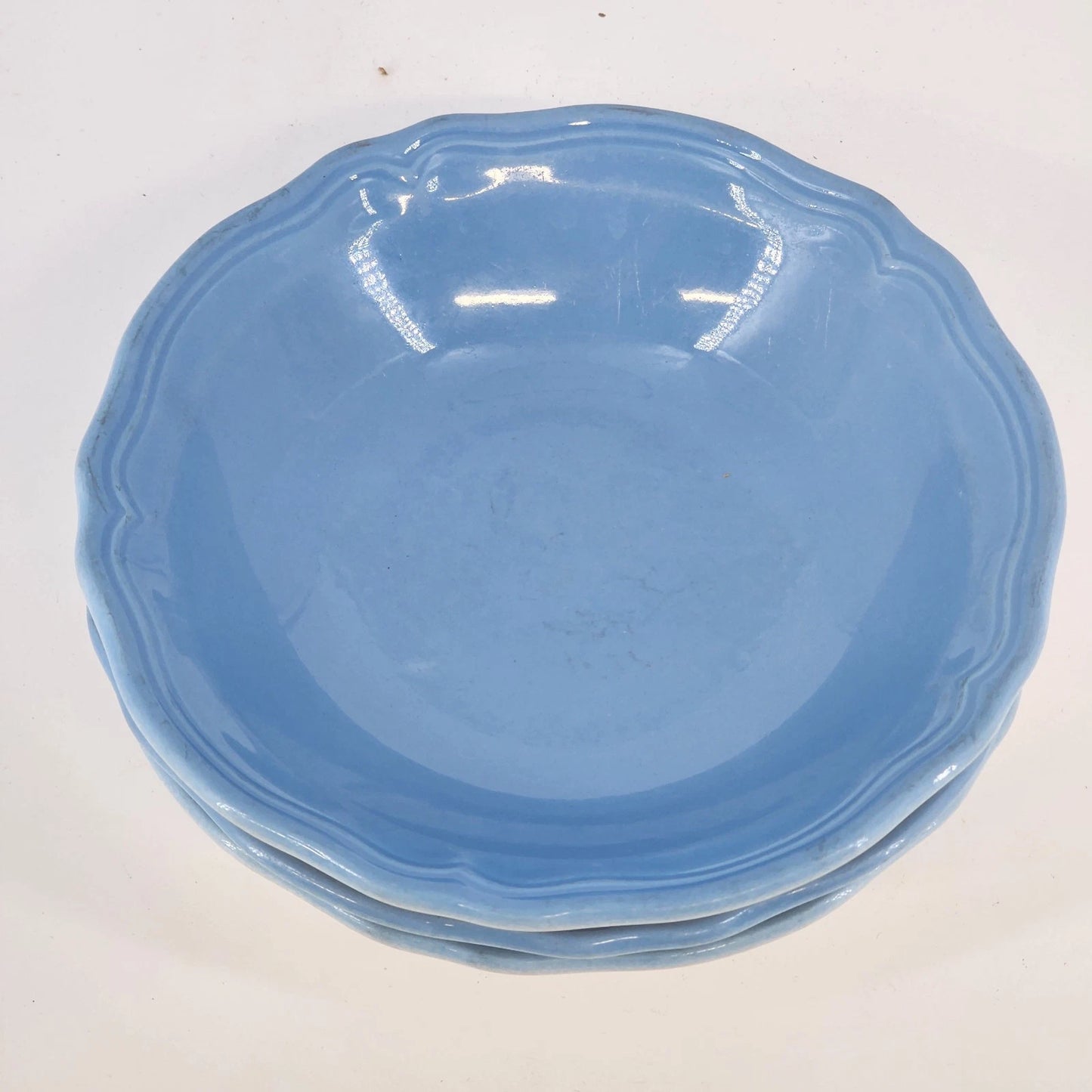 Linda Ironstone 4008 Cereal Bowl 3 Pcs Blue Top White Bottom 6.5" Utensil Marks