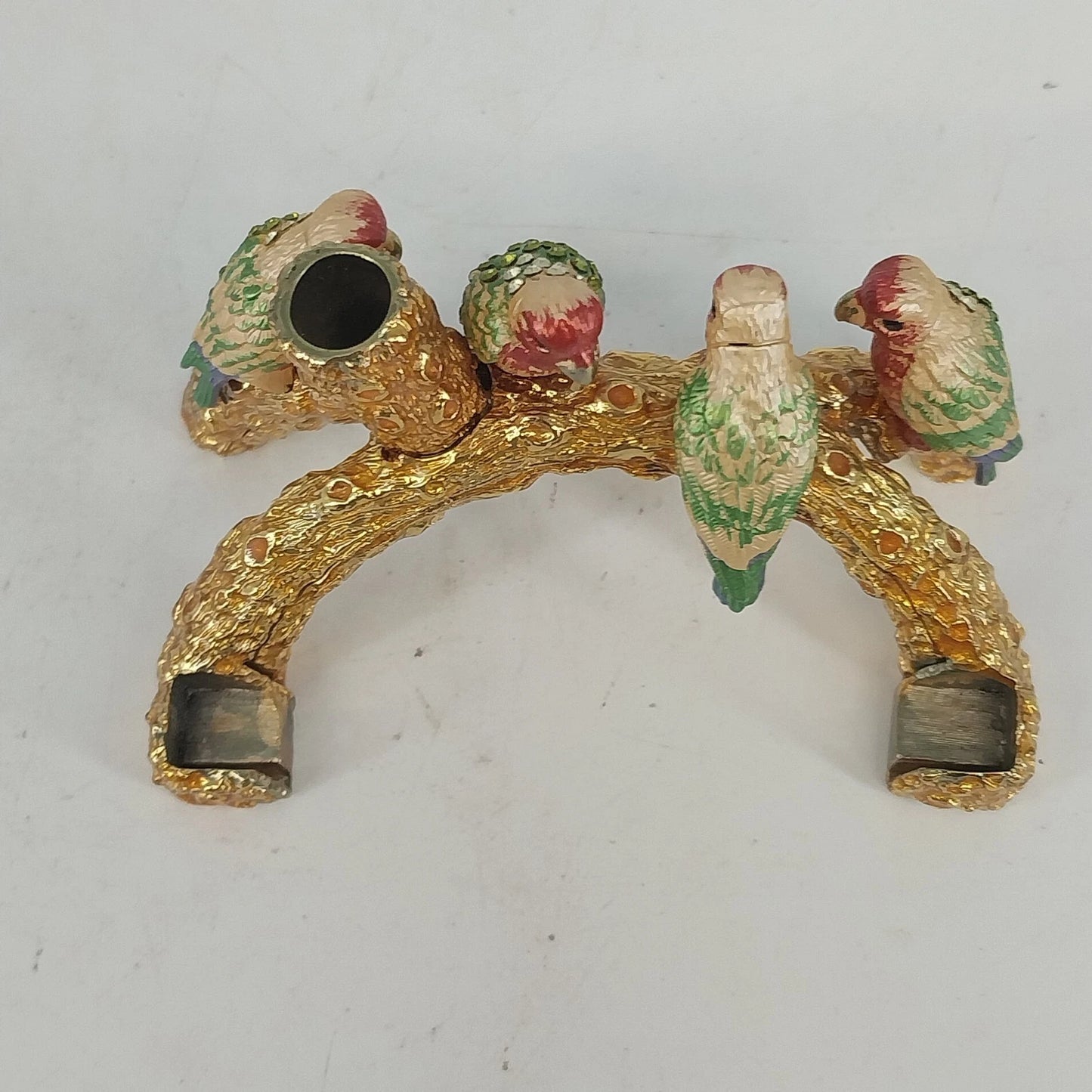 Metal Enamel Crystal Parrot Pen & Business Card Holder Bird on Branch Desk Decor