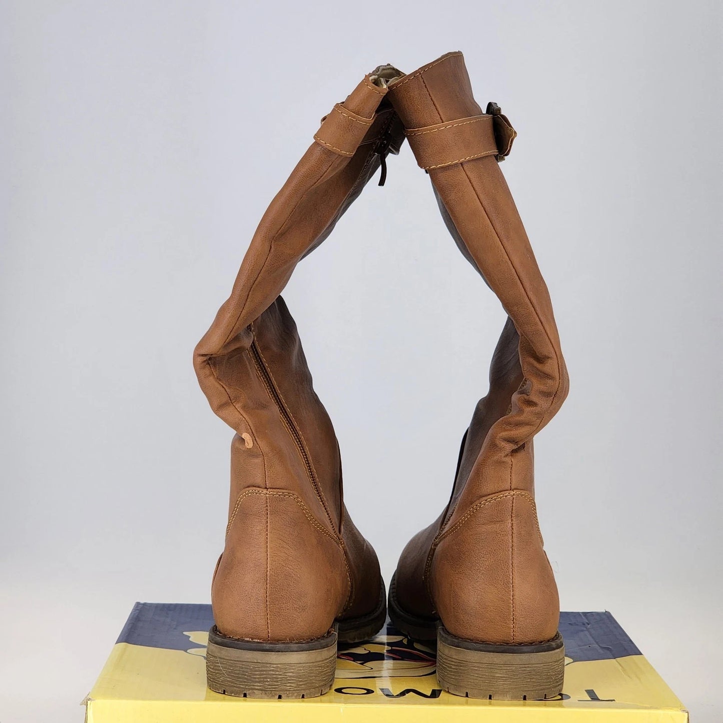 Top Moda Knee High Riding Boots Women's 8.5 Tan Block Heel Zip Top Buckle China