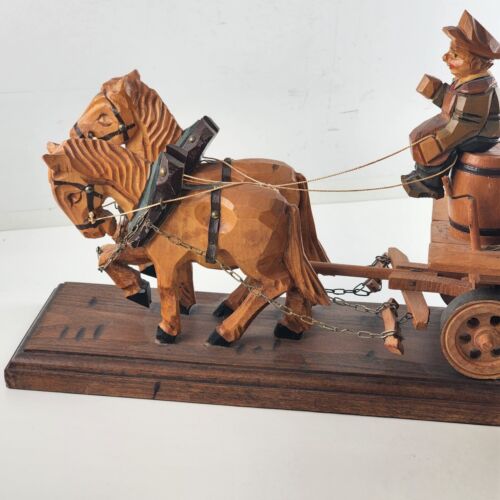 Hand Carved Wood 2 Horse Drawn Wagon Carrying Hofbräuhaus Kegs Germany 18" Vtg