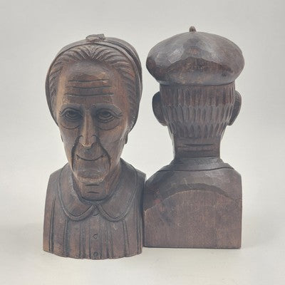 Hand Carved Wood Bookends Man & Woman Bust Folk Art Black Forest Vintage