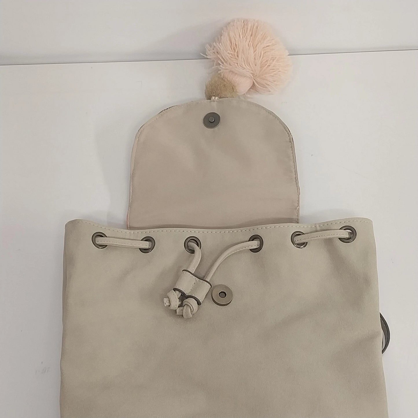 Beige Backpack Purse Faux Leather Bucket Bag Tassel Drawstring Flap Women's
