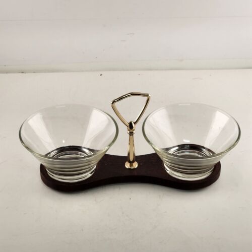 2 Glass Bowl Condiment Serving Set with Handled Walnut Wood Carrier MCM Japan