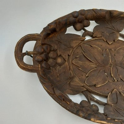 Wooden Hand-Carved Black Forest Serving Tray w Grape & Foliate Wall Decor 11x7"