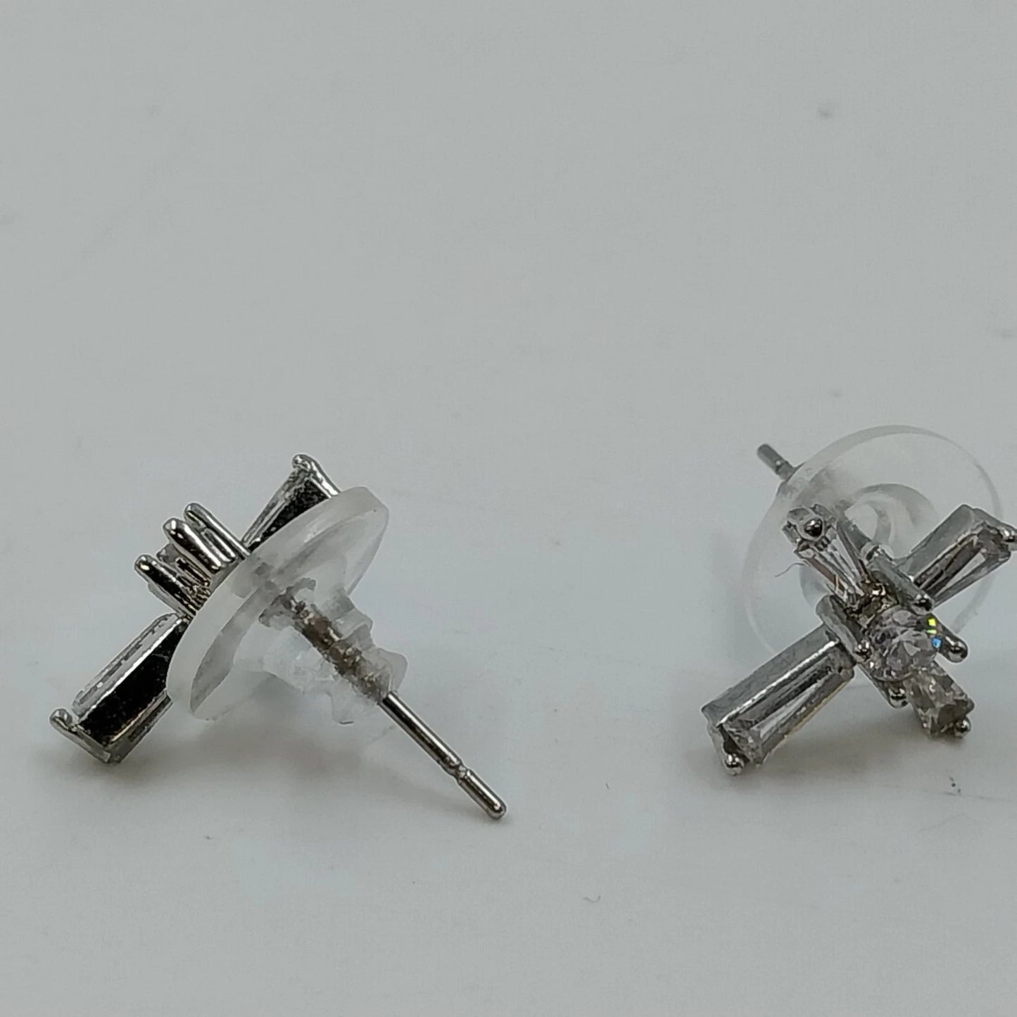 Silver Tone Cross Stud Earrings Clear Baguette Round Stones Religious Jewelry