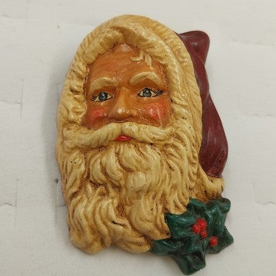 2 Old World Santa Claus Painted Clay Head Brooch Pin Christmas Holiday Vintage