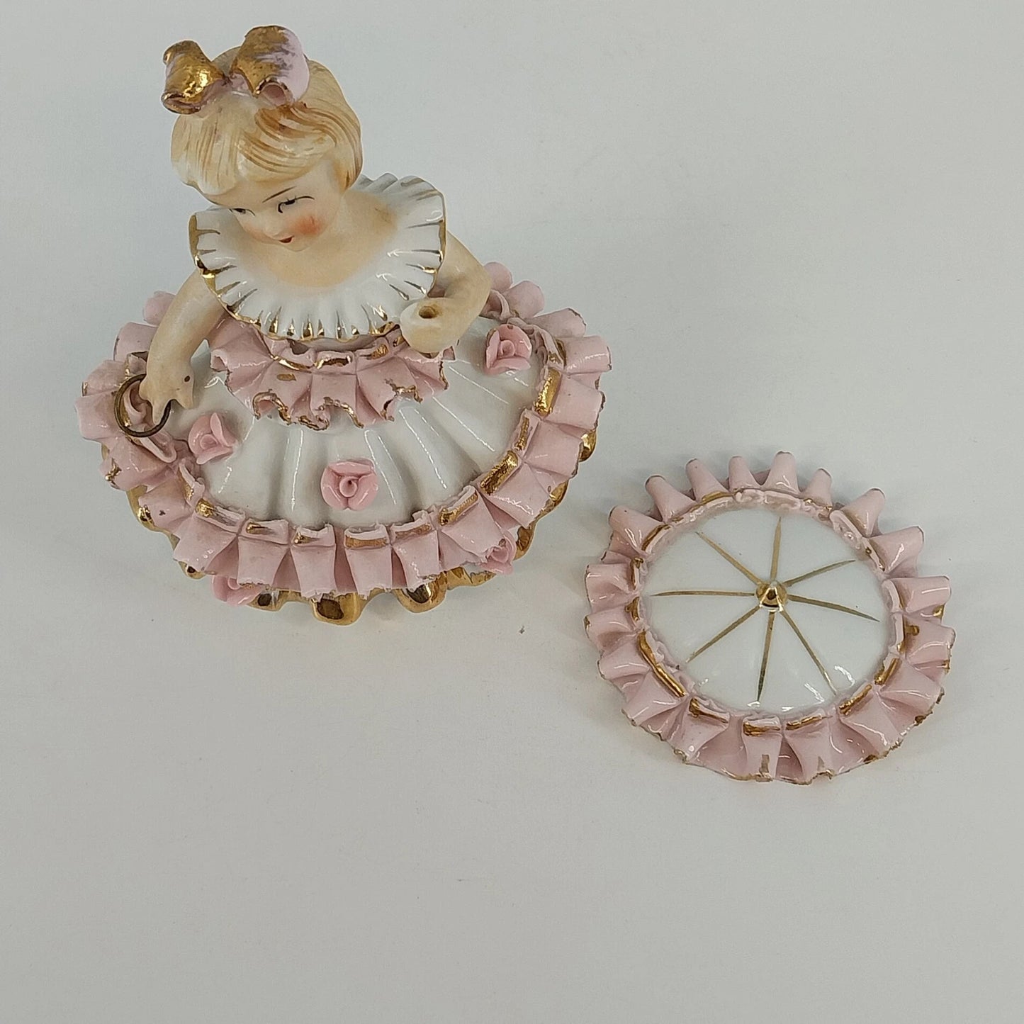 Bloomer Girl Porcelain Figurine Japan White Pink Ruffle Dress with Parasol Top