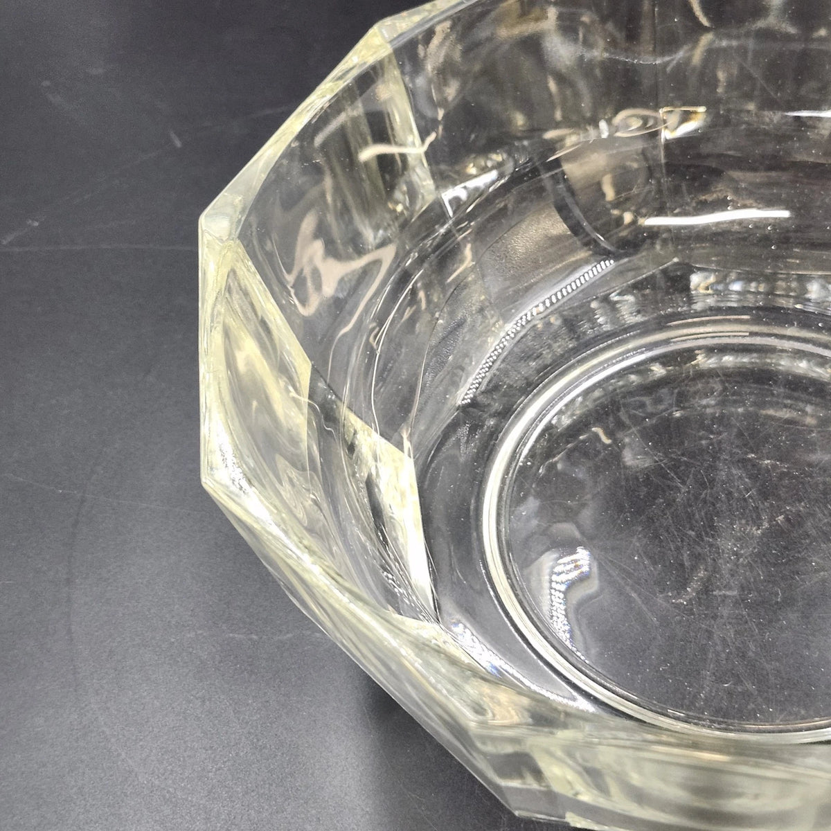 Clear Glass 10 Sided Serving Bowl 8.5" Heavy Paneled Thick Faceted Sides Vtg